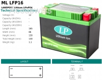 LP LFP16 LiFePo4 ersetzt YB16-B, YB16CL-B, 12Y16A-3B Batterie 12V 300CCA