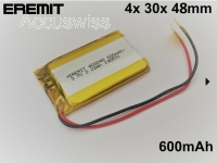 Akku 403048, 043048 3.7V 600mAh Li-Polymer JST-SH 1.00mm Stecker