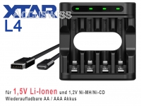 Xtar L4 mit 4 Ladeschächten für Li-Ionen 1,5V, NiMh / NiCd 1,5V AA und AAA Akkus