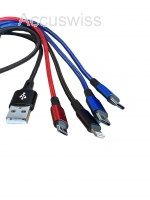 4in1 Schnellladekabel USB-A für Iphone mit USB-C und USB-Micro Stecker, rot/blau