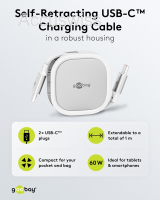 Selbstaufrollendes USB-C-Kabel, 1 m, weiss / silber, 3A, 15W