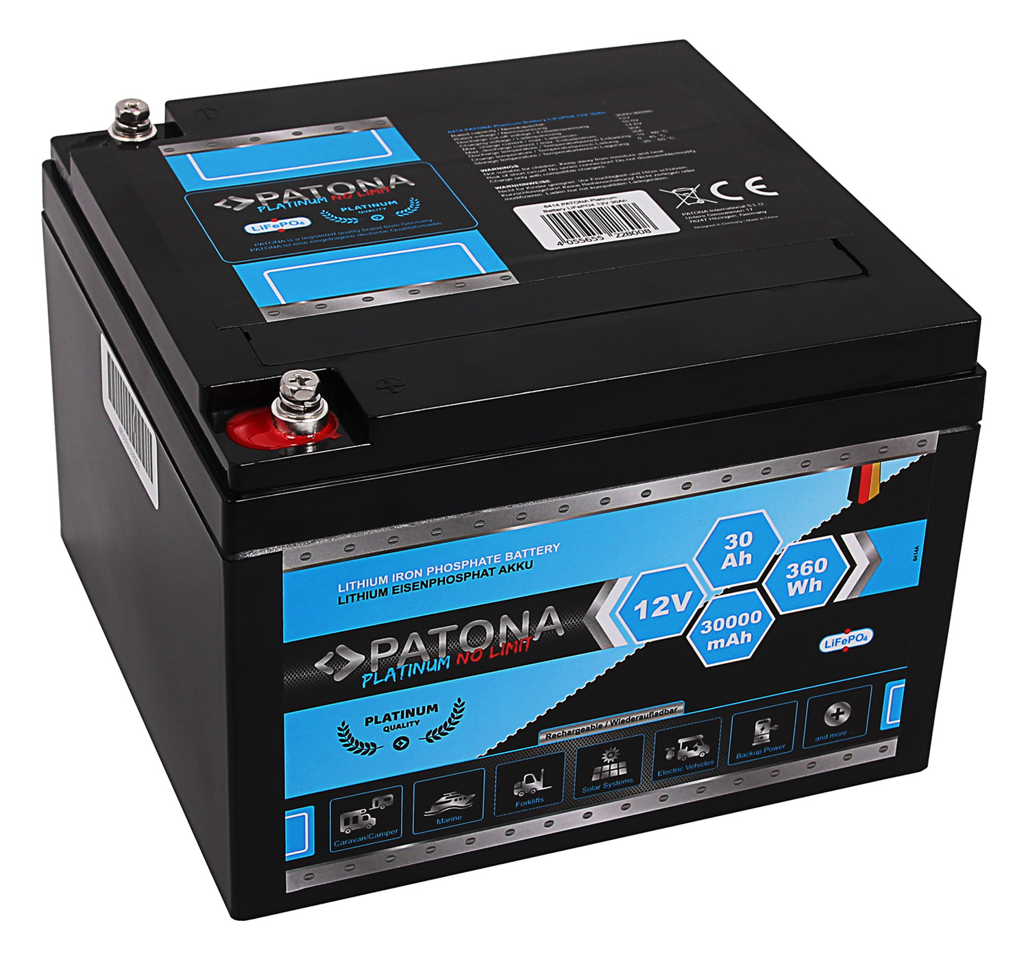 24444_0wQz9UItEMsMue Batterie PATONA Platinum LiFePO4 12V 30Ah 360Wh 173x164x123mm