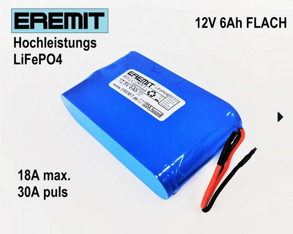 25088_0wt1OPcGnHGXRg EREMIT 12V 6Ah F1x4 LiFePo4 Akku flach mit BMS Banane Stecker