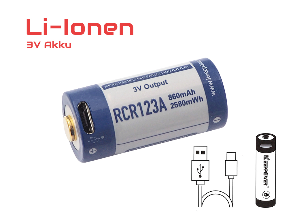 24040_0KzbiI1UKq3lSg Keeppower RCR123A (CR123) 3V 860mAh Akku mit micro USB