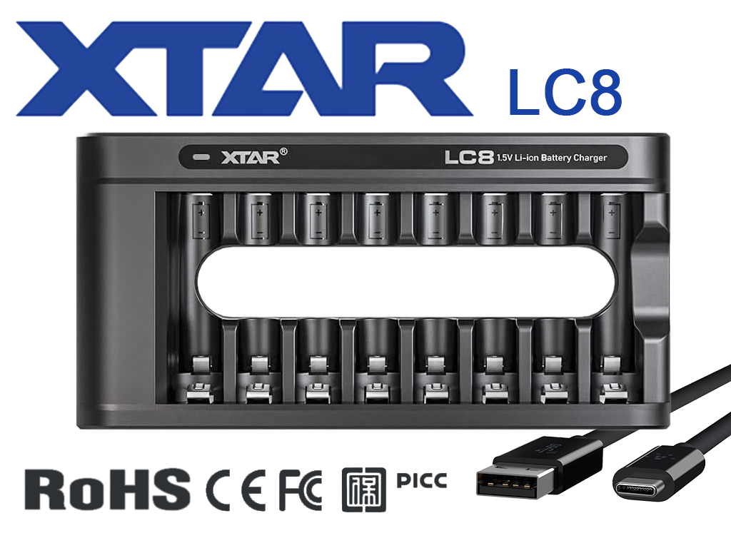 27353_1 Xtar LC8 Ladegerät inkl. 8x AA, LR6, 1.5V Li-Ion Akkus mit Akku-Wechselanzeige