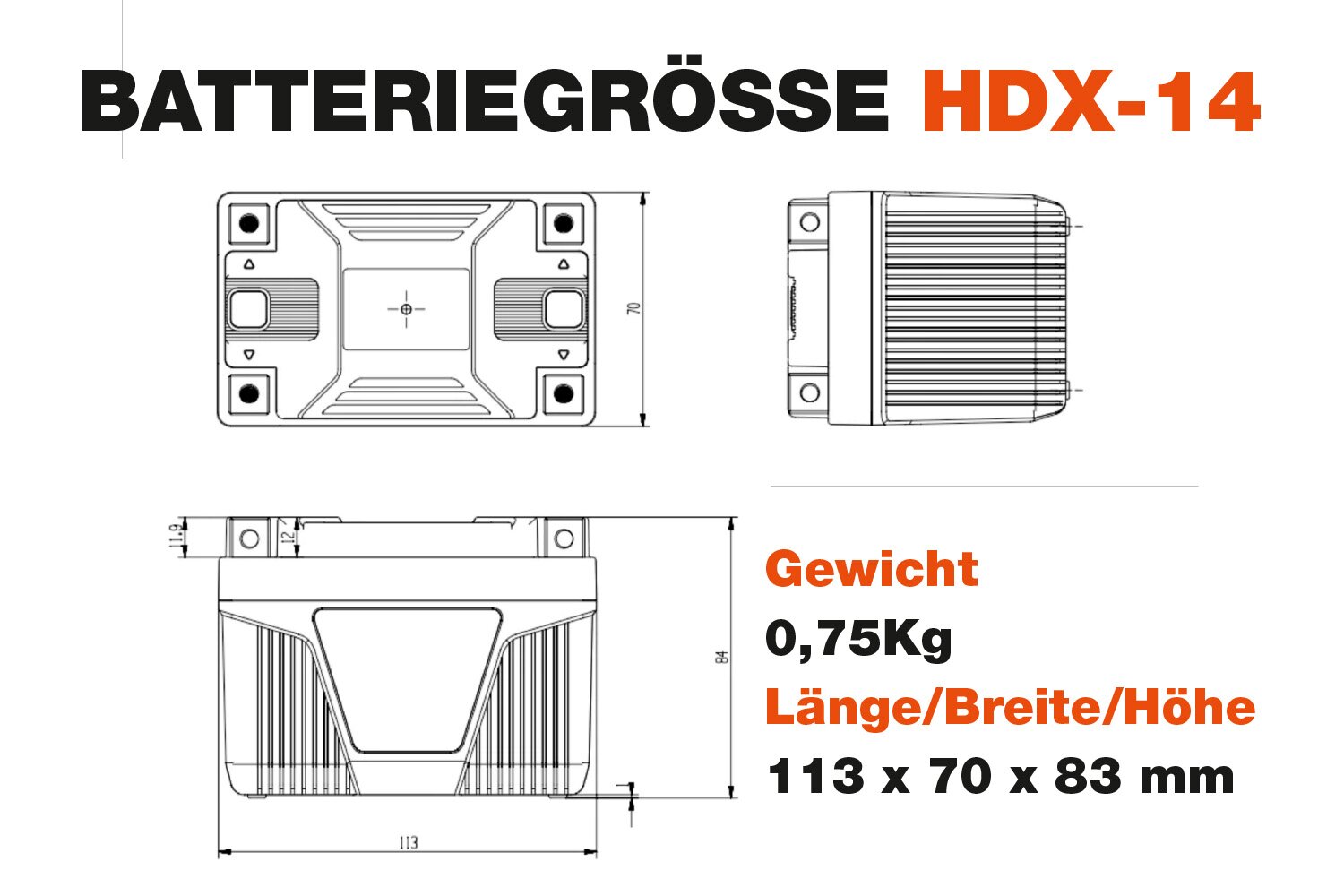 12V 5Ah LiFePO4 Heavy-Duty HDX-14 Motorrad Starterbatterie 400CA (PbEq 5-14Ah)