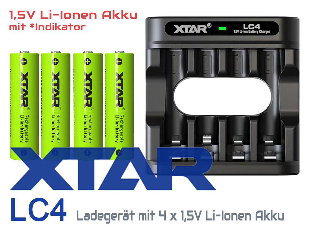 27254_0 Xtar LC4 Ladegerät inkl. 4x AA, LR6, 1.5V Li-Ion Akkus mit Akku-Wechselanzeige