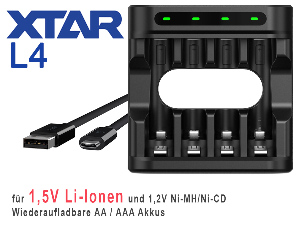 27368_0 Xtar L4 mit 4 Ladeschächten für Li-Ionen 1,5V, NiMh / NiCd 1,5V AA und AAA Akkus